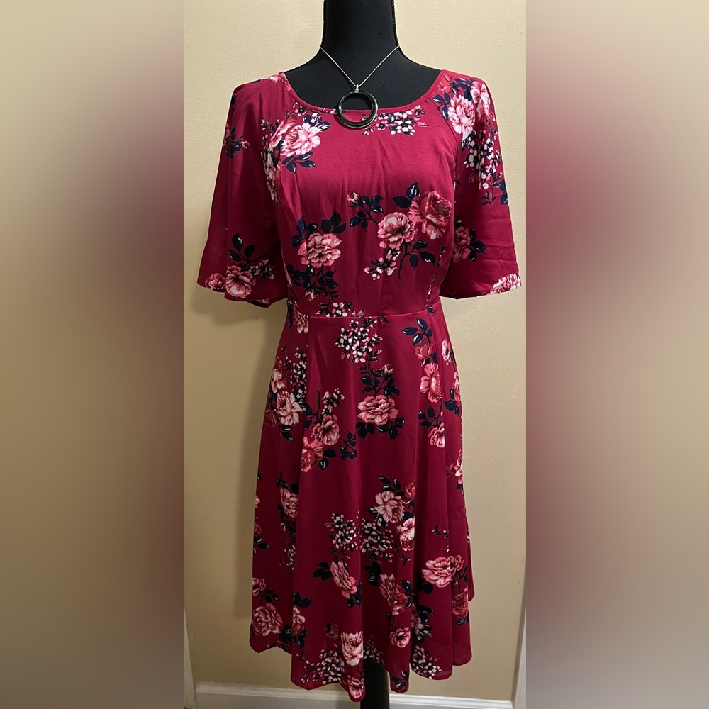 Torrid Berry Floral Knee-Length Zip Up Dress with Strappy Back & Built-In Slip